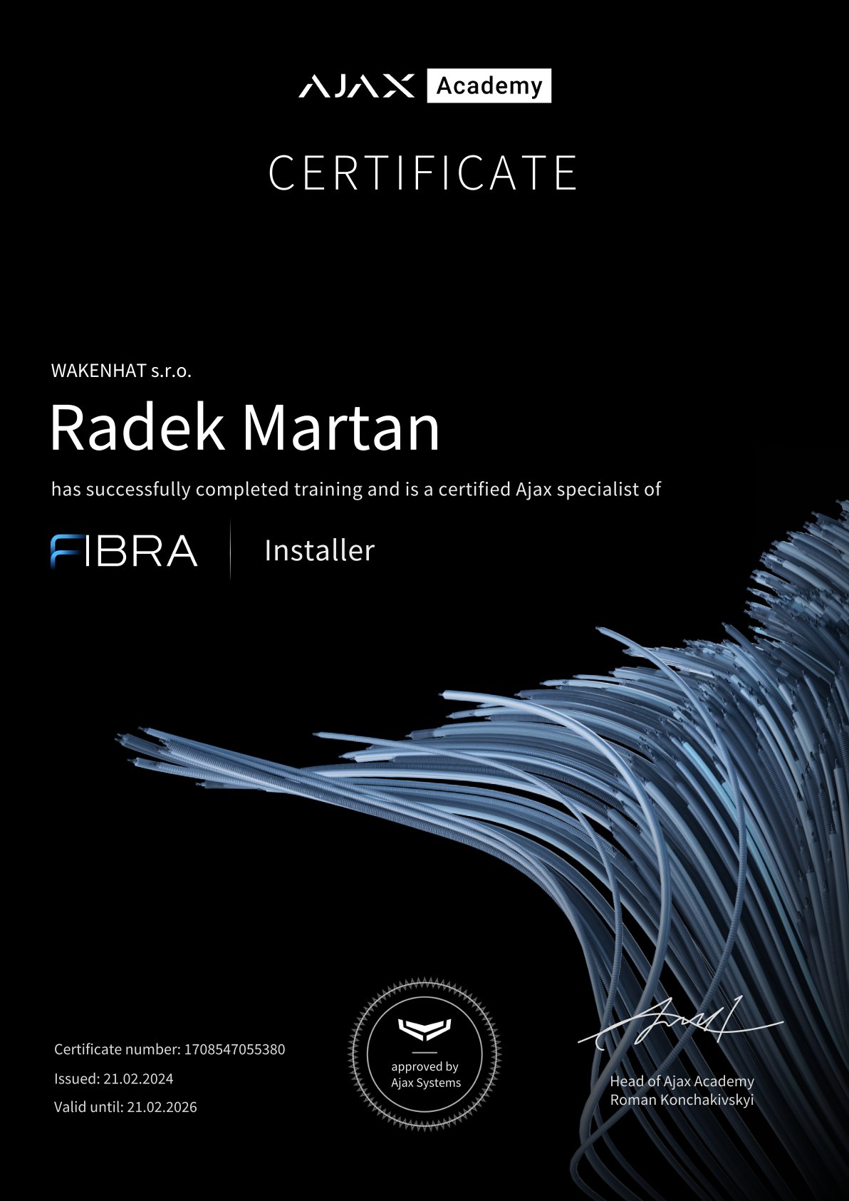 Ajax Fibra Installer certificate (en). Radek Martan